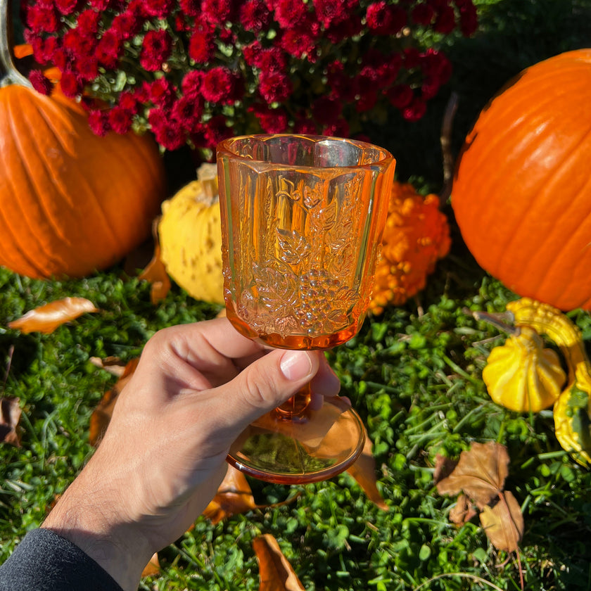 Hand holding a glass with a pumpkin and flowers in the background