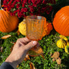 Hand holding a glass with a pumpkin and flowers in the background